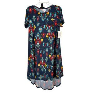 LuLaRoe Retired Carly Dress S Navy Blue Multicolor Graphic SS Hi-Low Hem NWT